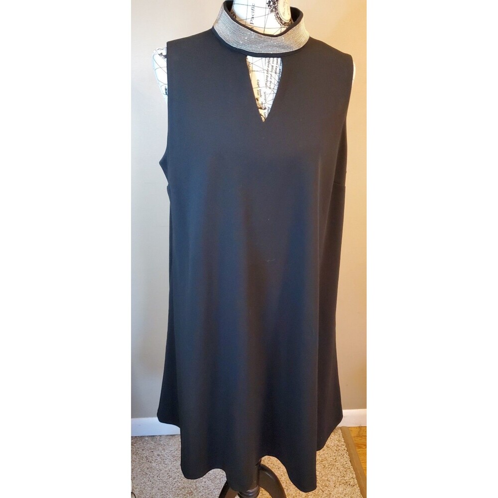 Rebel Wilson x Angels 1X Black Beaded Collar Sleeveless Dress Plus Size Elegant
